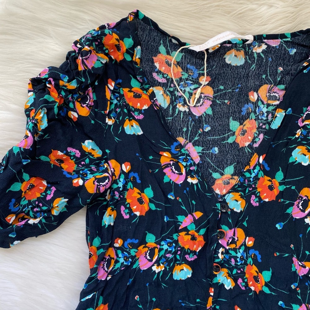 Zara Navy Blue Floral Button Front Blouse Shirt - Picture 3 of 9